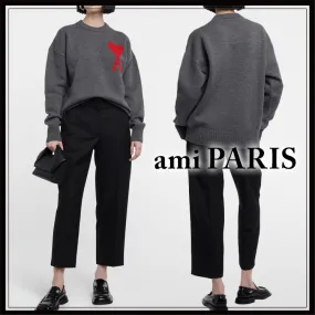 AMI PARIS  |Crew Neck Casual Style Wool Long Sleeves Office Style Logo