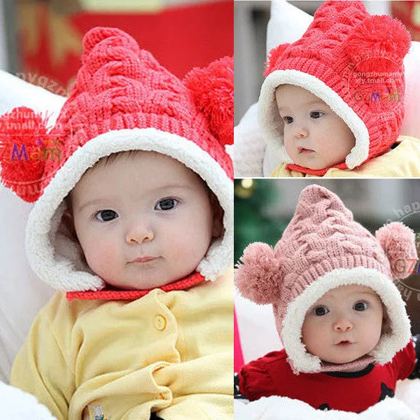 Baby Hat 0-5Y Infant Unisex Multicolored Warm Knitted Hats Two Balls Cap Xmas SM6