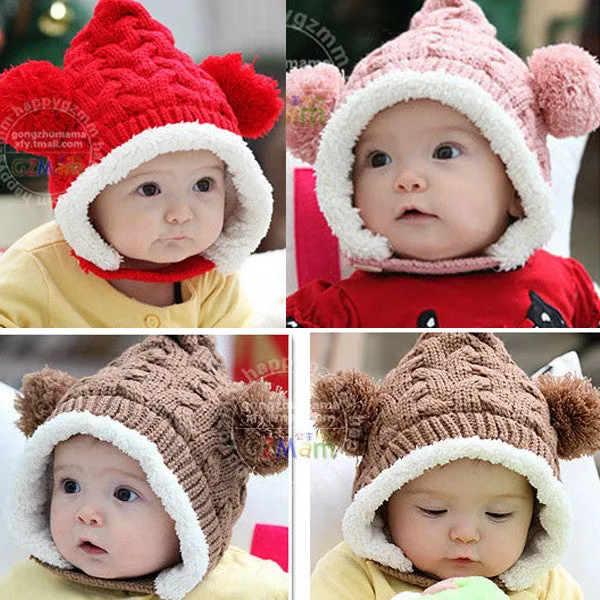 Baby Hat 0-5Y Infant Unisex Multicolored Warm Knitted Hats Two Balls Cap Xmas SM6