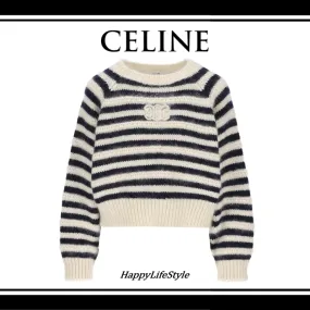 CELINE  |Crew Neck Stripes Monogram Casual Style Wool Silk Bi-color