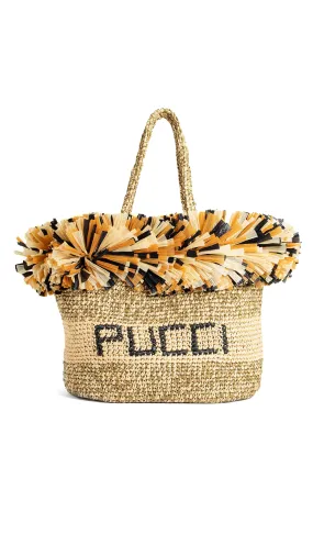 Large Fringe-Trim Logo Tote Bag - Natural/Black/Yellow