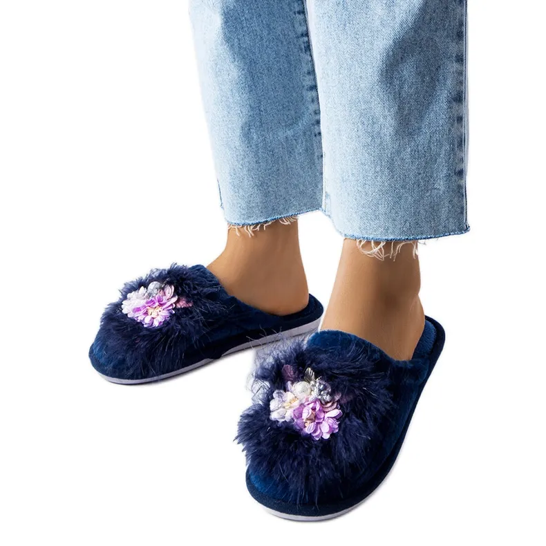 Navy blue warm slippers with Moly flowers