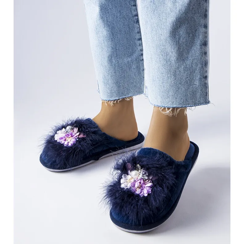 Navy blue warm slippers with Moly flowers