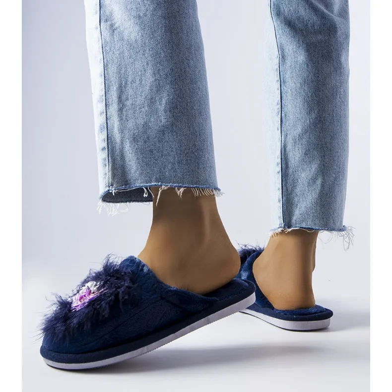 Navy blue warm slippers with Moly flowers