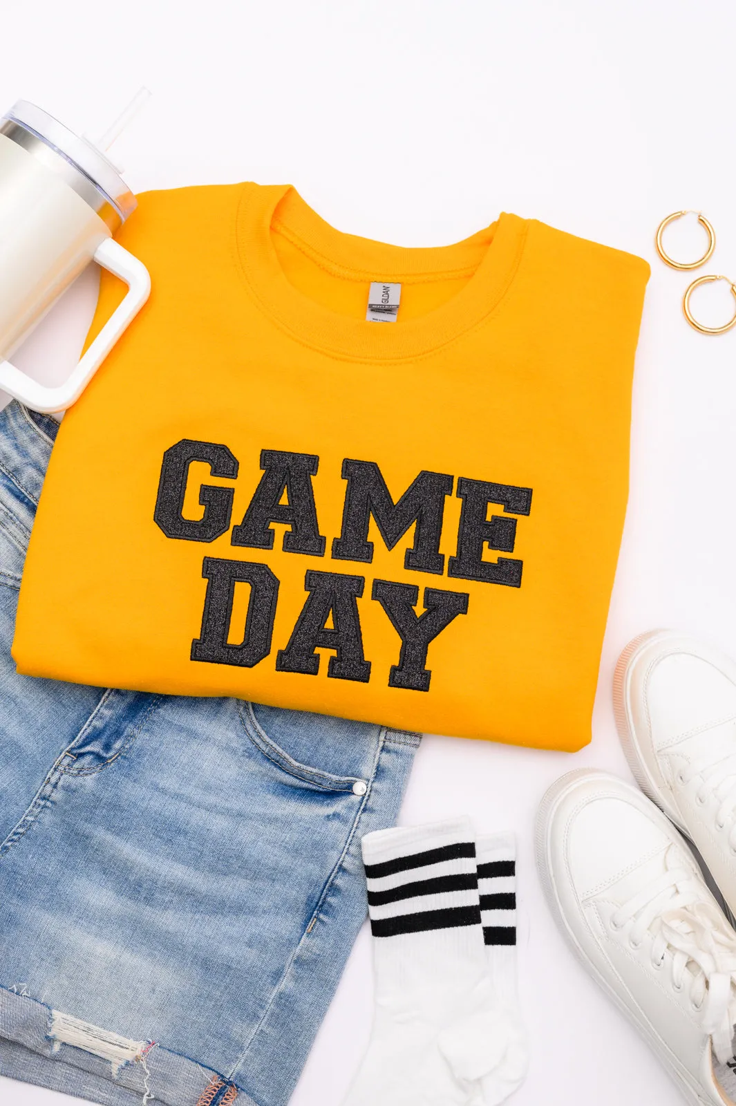 PREORDER: Embroidered Glitter Game Day Sweatshirt in Gold/Black