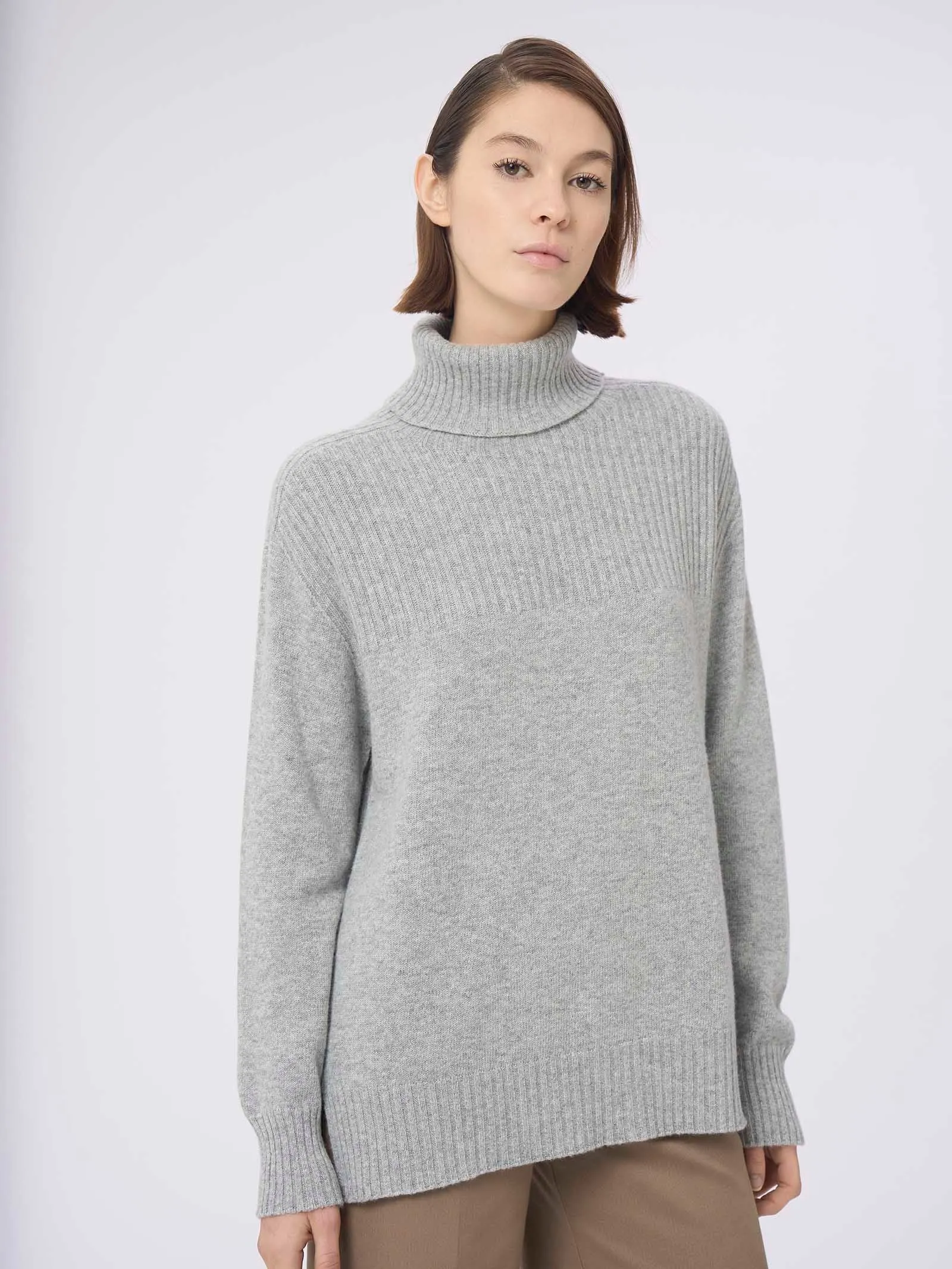 Pullover con collo roulè in Cashmere Blend - Pine Bark Mel.