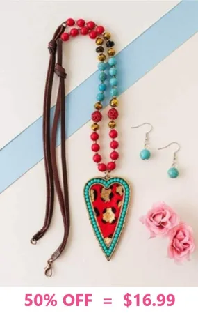 Red & Turquoise Beaded Necklace with Gold Leopard Heart Pendant