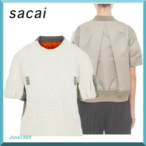 sacai  |Crew Neck Wool Nylon Plain Short Sleeves V-neck & Crew neck