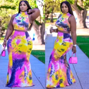 Women's Summer Sexy Tie-dye Long Bodycon Crop Top Skirt Sets