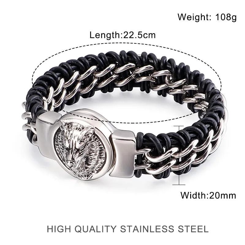 Woven Leather Stainless Steel Wolf Medallion Bracelet